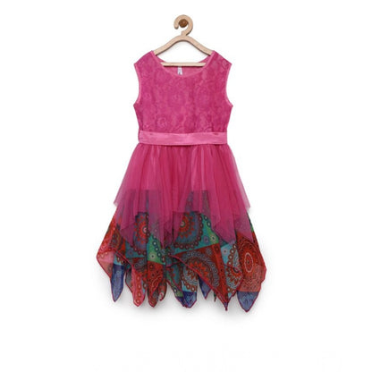 Generic Girl's Polyester  Net Floral Printed Sleeveless Round Neck Dress (Multicolor)