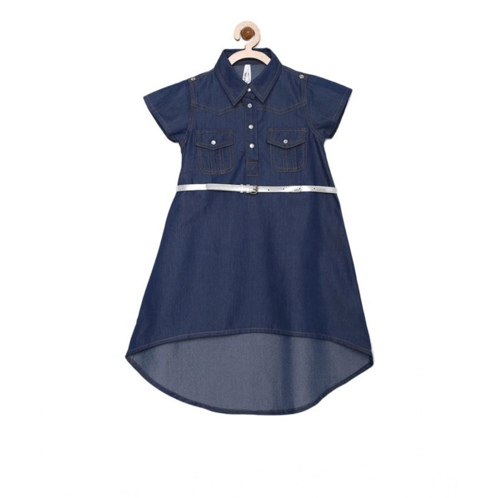 Generic Girl's Denim Solid Short Sleeve Shirt collar Dress (Blue)