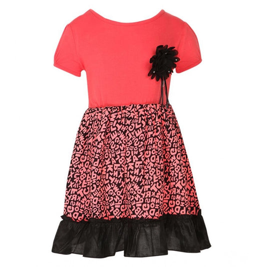 Generic Girl's Polyester Crepe Embellished Short Sleeve Round Neck Dress (Pink)