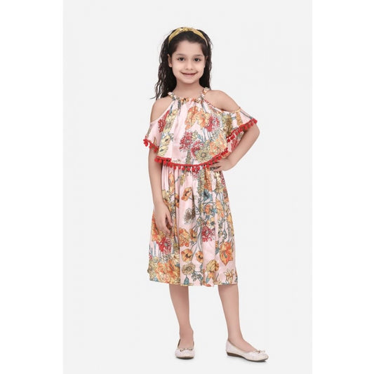 Generic Girl's Satin Floral Printed Cold Shoulder Round Neck Dress (Peach)