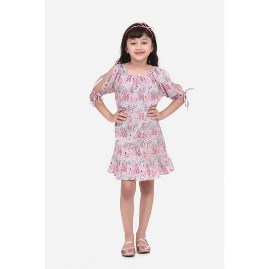 Generic Girl's Cotton Floral Printed Sleeveless Round Neck Dress (Pink)