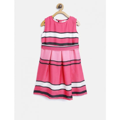 Generic Girl's Satin Striped Sleeveless Round Neck Dress (Pink)
