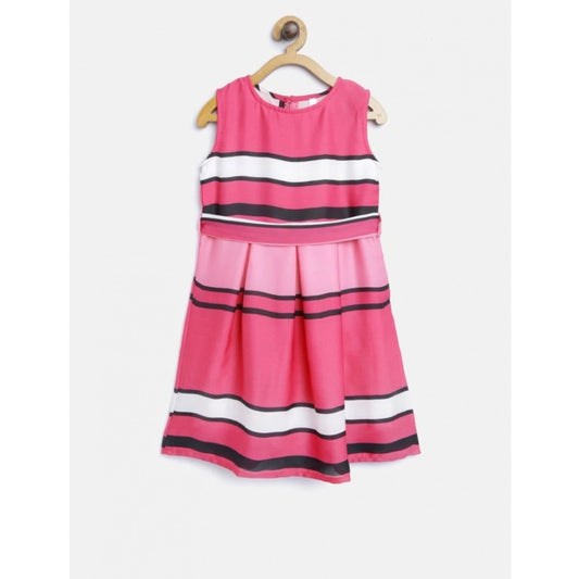 Generic Girl's Satin Striped Sleeveless Round Neck Dress (Pink)