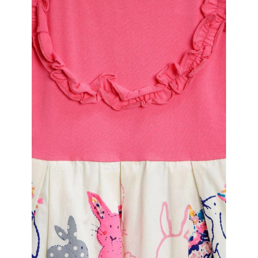 Generic Girl's Cotton Printed Short Sleeve Round Neck Dress (Pink-White)