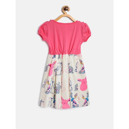 Generic Girl's Cotton Printed Short Sleeve Round Neck Dress (Pink-White)