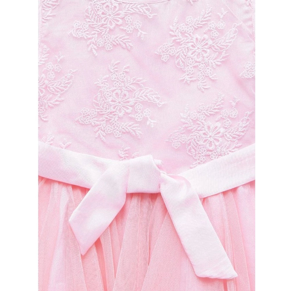 Generic Girl's Polyester  Net Floral Printed Sleeveless Round Neck Dress (Light Pink)