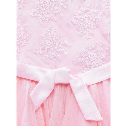 Generic Girl's Polyester  Net Floral Printed Sleeveless Round Neck Dress (Light Pink)