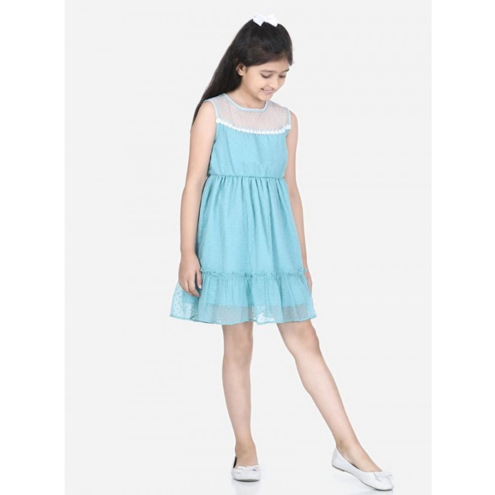 Generic Girl's Polyester Dobby Floral Printed Sleeveless Round Neck Dress (Blue)