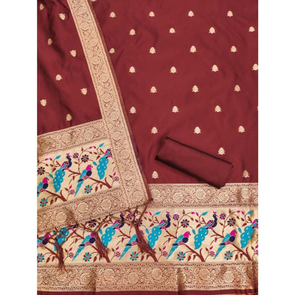 Generic Women's Banarasi Silk Printed Unstitched Salwar Suit Material With Dupatta (Maroon, 3Mtrs)