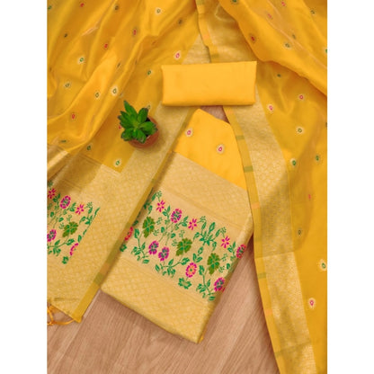 Generic Women's Banarasi Silk Printed Unstitched Salwar Suit Material With Dupatta (Yellow, 3Mtrs)