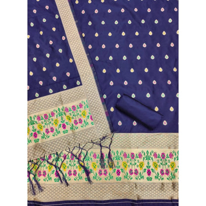 Generic Women's Banarasi Silk Printed Unstitched Salwar Suit Material With Dupatta (Navy Blue, 3Mtrs)