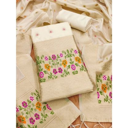 Generic Women's Banarasi Silk Printed Unstitched Salwar Suit Material With Dupatta (White, 3Mtrs)