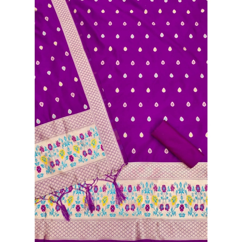 Generic Women's Banarasi Silk Printed Unstitched Salwar Suit Material With Dupatta (Purple, 3Mtrs)
