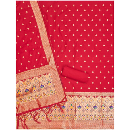 Generic Women's Banarasi Silk Printed Unstitched Salwar Suit Material With Dupatta (Red, 3Mtrs)