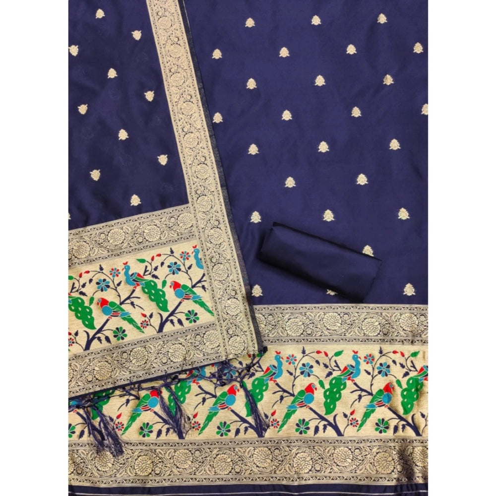 Generic Women's Banarasi Silk Printed Unstitched Salwar Suit Material With Dupatta (Navy Blue, 3Mtrs)