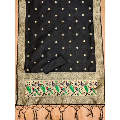 Generic Women's Banarasi Silk Printed Unstitched Salwar Suit Material With Dupatta (Black, 3Mtrs)