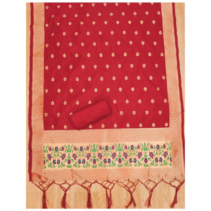 Generic Women's Banarasi Silk Printed Unstitched Salwar Suit Material With Dupatta (Red, 3Mtrs)
