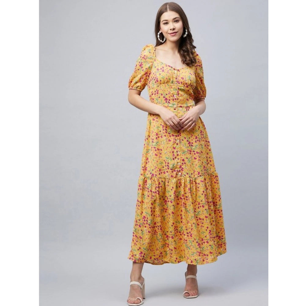 Generic Women's Polyester Moss Floral Square Neck Half Sleeve Dress (Pink)