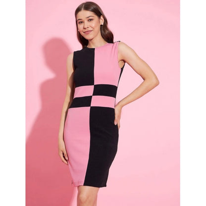 Generic Women's Polyester Lycra Color Blocking Round Neck Sleeveless Dress (Pink-Black)