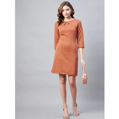 Generic Women's Polyester Jacquard Self Design Round Neck 3/4th Sleeves Dress (Rust)