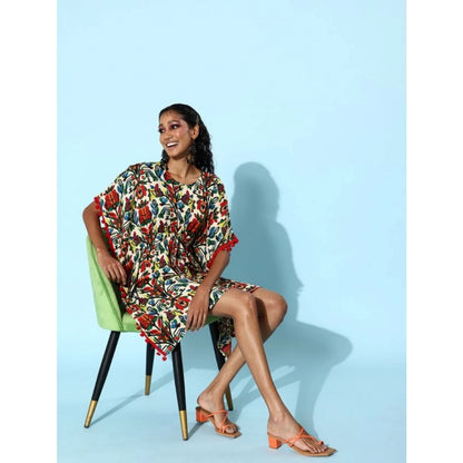Generic Women's Polyester Moss Printed Round Neck Kaftan Sleeve Dress (Multicolor)