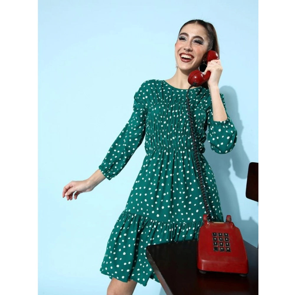 Generic Women's Polyester Moss Polka Round Neck 3/4th Sleeves Dress (Green)