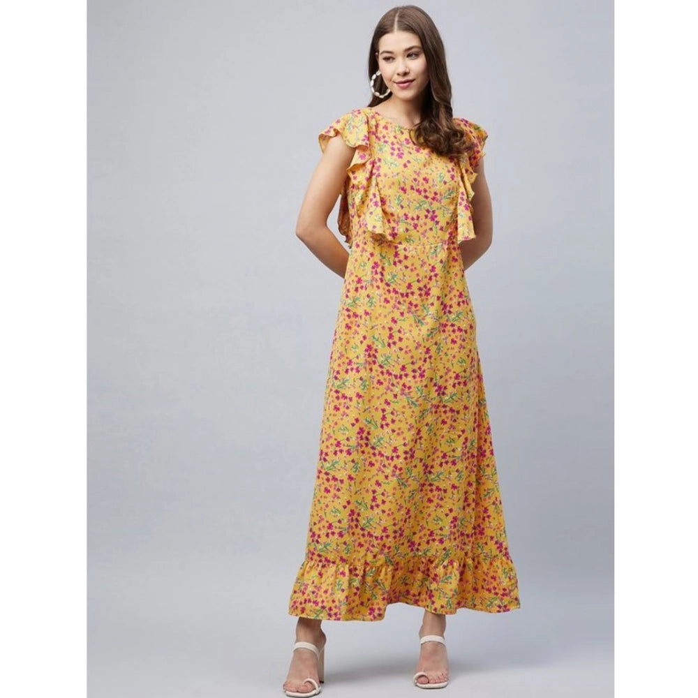 Generic Women's Polyester Floral Round Neck Flutter Dress (Red)