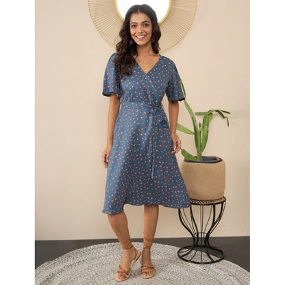 Generic Women's Polyester Moss Polka V-Neck Bell Sleeve Dress (Grey)