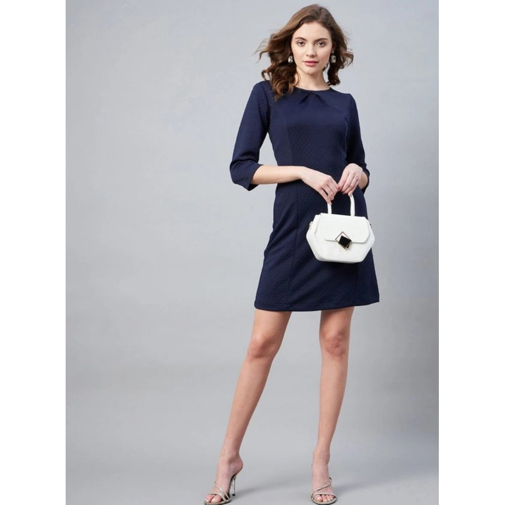 Generic Women's Polyester Jacquard Self Design Round Neck 3/4th Sleeves Dress (Navy)