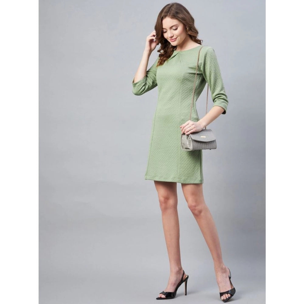 Generic Women's Polyester Jacquard Self Design Round Neck 3/4th Sleeves Dress (Olive)