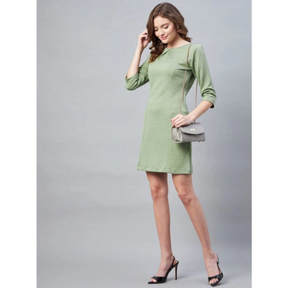 Generic Women's Polyester Jacquard Self Design Round Neck 3/4th Sleeves Dress (Olive)
