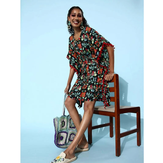 Generic Women's Polyester Moss Printed Round Neck Kaftan Sleeve Dress (Multicolor)