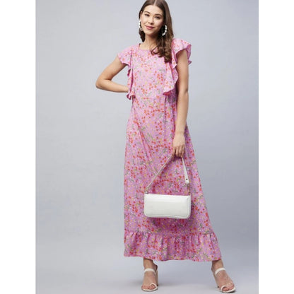 Generic Women's Polyester Floral Round Neck Flutter Dress (Lavender)