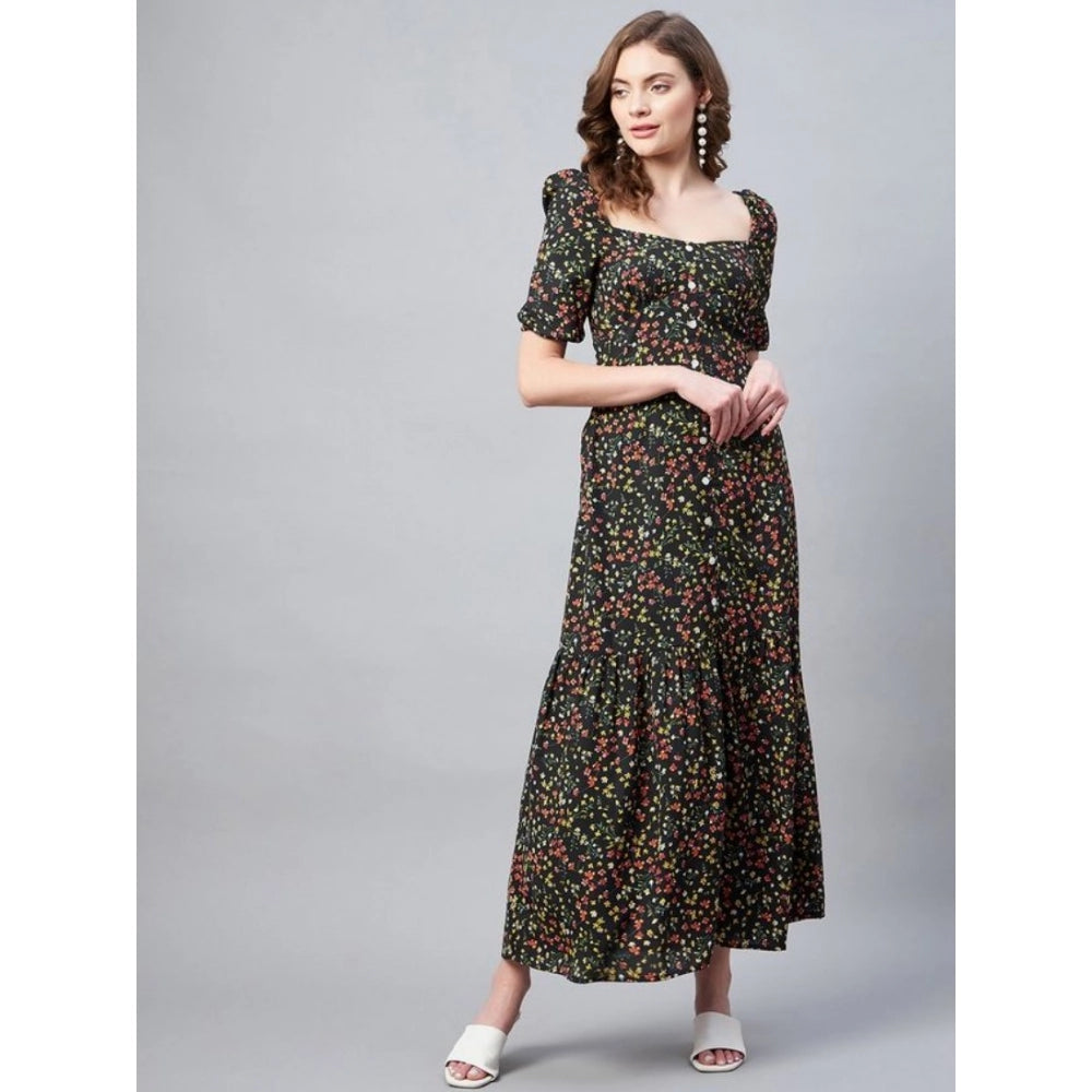 Generic Women's Polyester Moss Floral Square Neck Half Sleeve Dress (Black)
