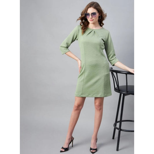 Generic Women's Polyester Jacquard Self Design Round Neck 3/4th Sleeves Dress (Olive)