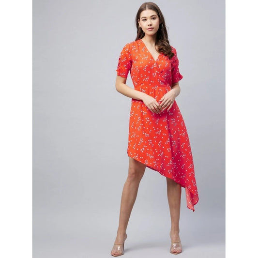 Generic Women's Polyester Floral V-Neck Short Sleeve Dress (Orange)