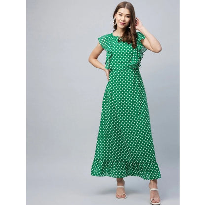 Generic Women's Polyester Polka Close Neck Flutter Dress (Green)
