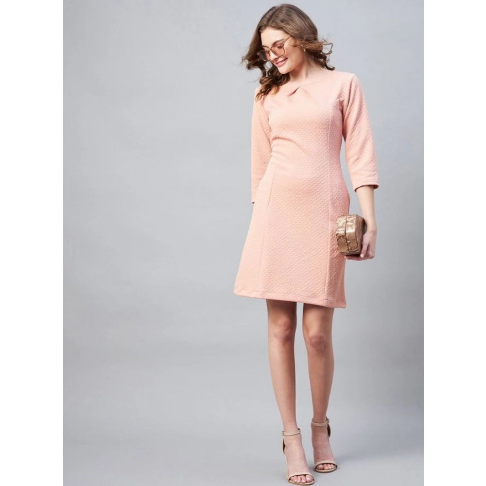 Generic Women's Polyester Jacquard Self Design Round Neck 3/4th Sleeves Dress (Pink)