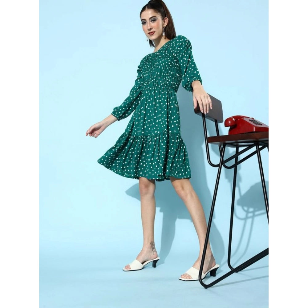 Generic Women's Polyester Moss Polka Round Neck 3/4th Sleeves Dress (Green)