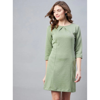 Generic Women's Polyester Jacquard Self Design Round Neck 3/4th Sleeves Dress (Olive)