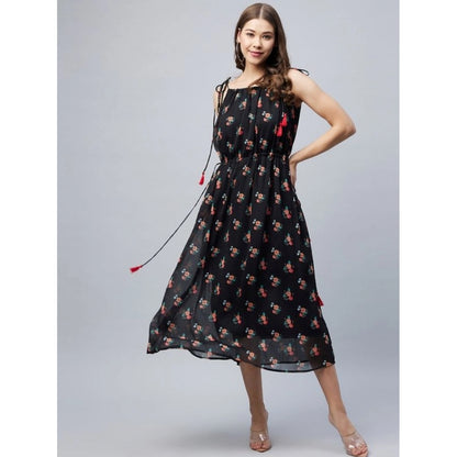 Generic Women's Chiffon Floral Square Neck Sleeveless Dress (Black)