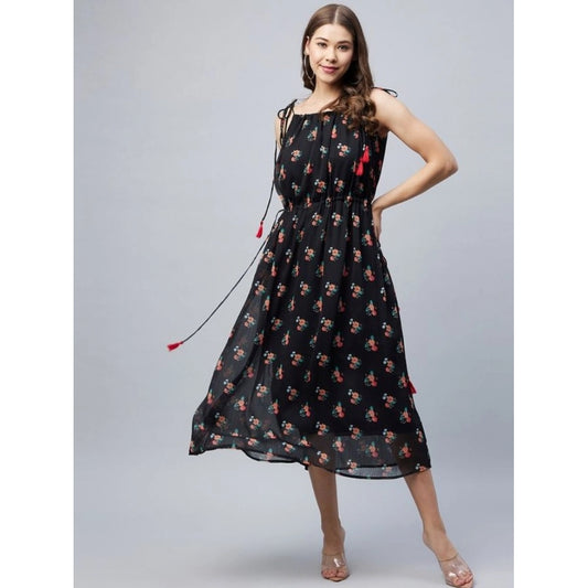 Generic Women's Chiffon Floral Square Neck Sleeveless Dress (Black)