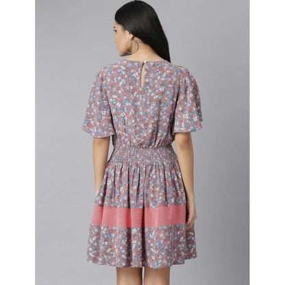 Generic Women's Polyester Moss Floral Round Neck Flutter Dress (Grey-Red)