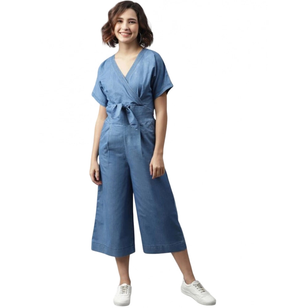Generic Women's Denim Solid Half Sleeve Jumpsuit (Blue)