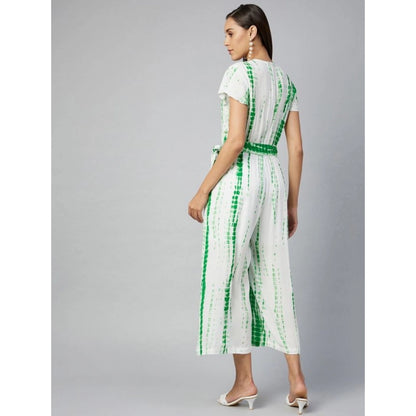 Generic Women's Rayon Striped Short Sleeve Jumpsuit (Green - White)