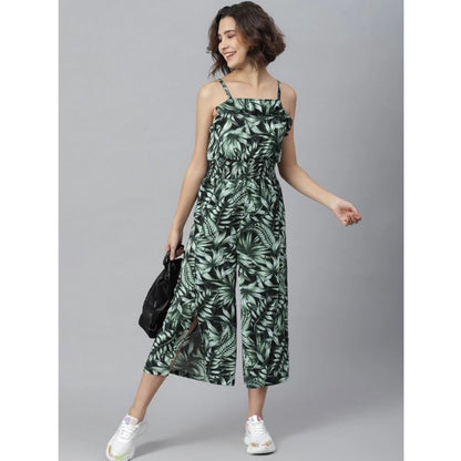 Generic Women's Polyester Printed Shoulder Straps Jumpsuit (Black - Green)