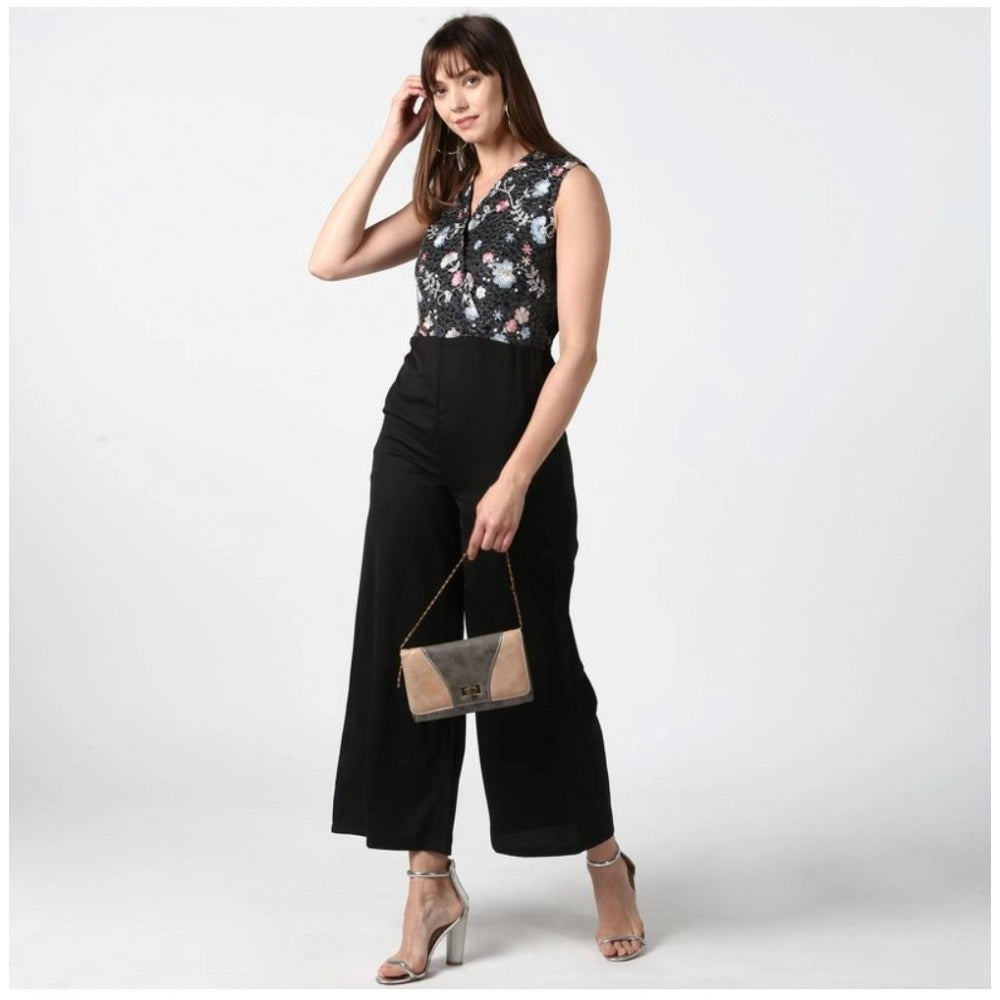 Generic Women's Polyester Embroidered Sleeveless Jumpsuit (Black)