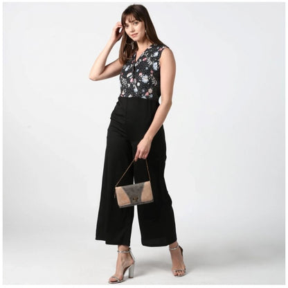 Generic Women's Polyester Embroidered Sleeveless Jumpsuit (Black)