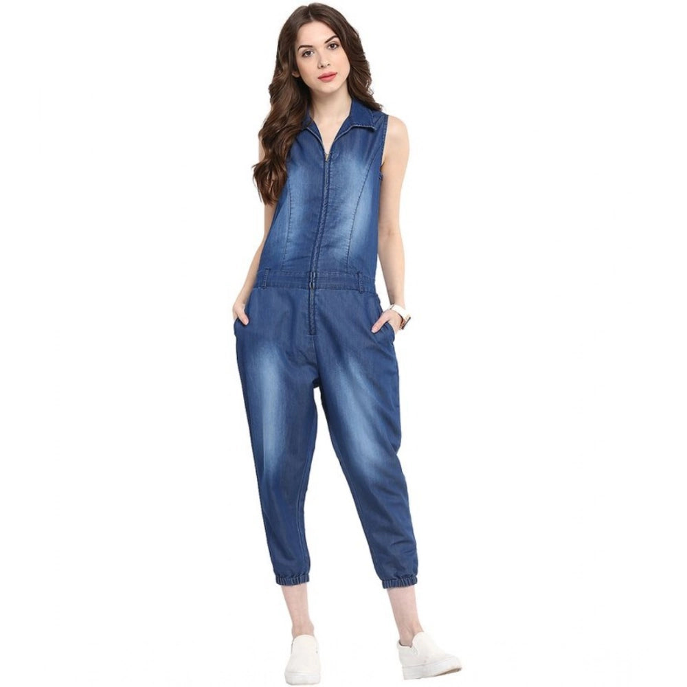 Generic Women's Denim Solid Sleeveless Jumpsuit (Blue)