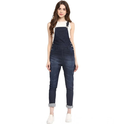 Generic Women's Denim Solid Dungaree Pant (Blue)
